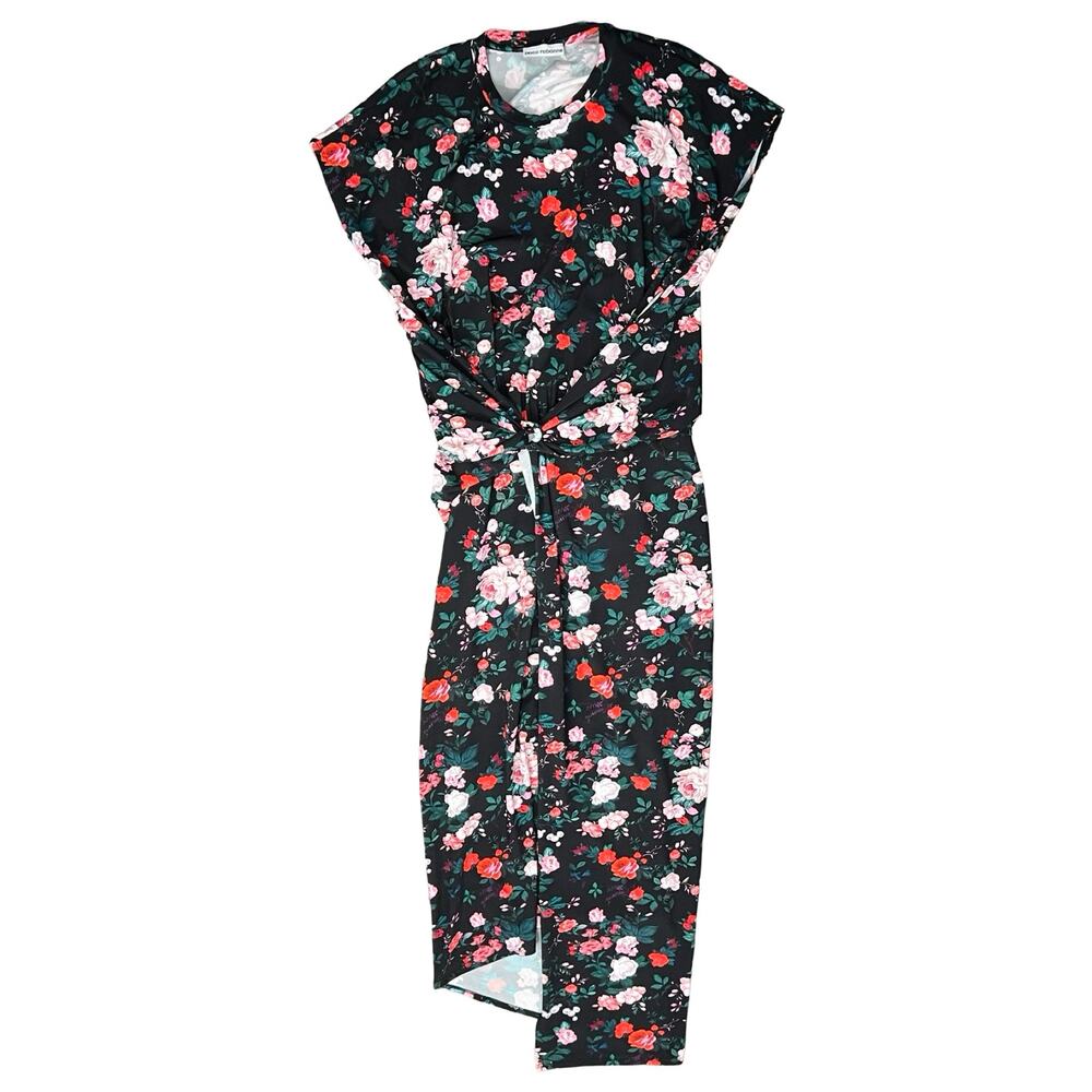Paco Rabanne Black Pink Floral Cap Sleeve Belt Faux Wrap Midi Dress 44 / 12 NEW - Picture 14 of 14